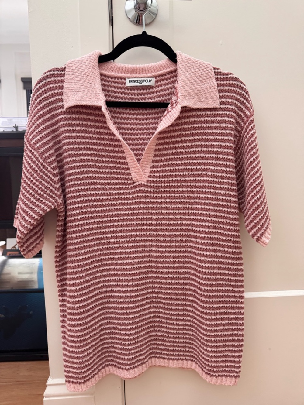 Princess Polly Blush Pink Striped Knit Polo Sweater